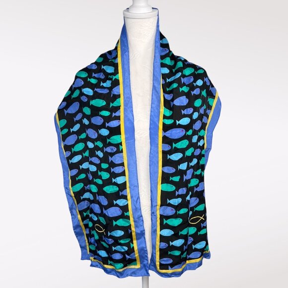 Vintage 1999 Ralph Marlin Silk Scarf Fish Print Blue Green Yellow Black - Picture 1 of 8